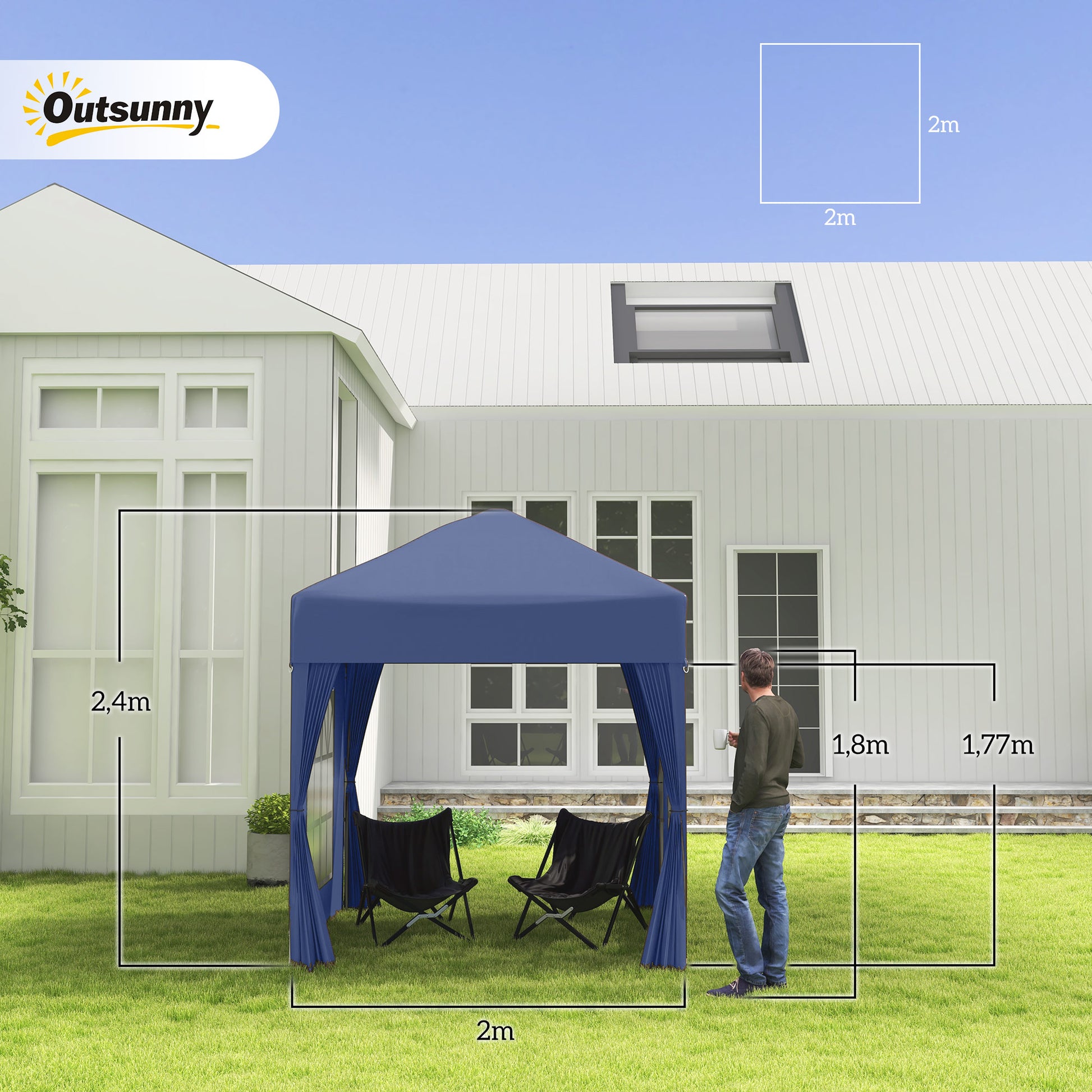 Pavilion 2x2m Waterproof, Pop-Up Folding Pavilion with 4 Side Walls, Drainage Holes Window, Foldable Party Tent UV 30+, Garden Tent with Carrying Bag, Garden Pavilion for Terrace, Blue