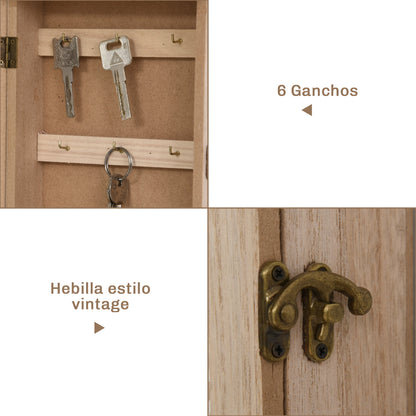 Vintage Style 6-Hook Key Cabinet Wall Mounted Wooden Key Storage Box 7.87x2.56x10.43 inches Natural Wood