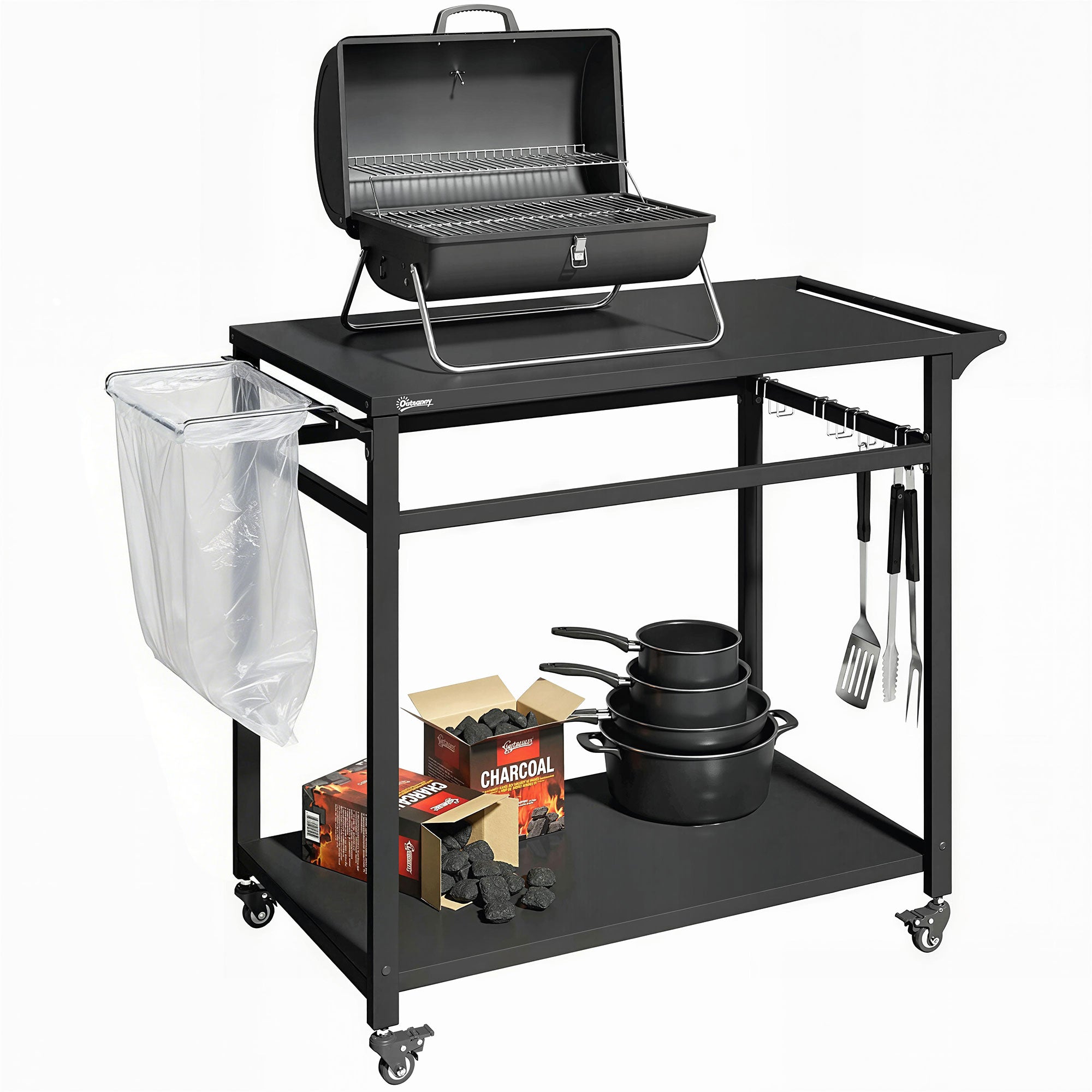Outdoor BBQ Cart with 2 Metal Shelves, Outdoor Kitchen Table with Wheels, Handle, Trash Bag Holder & Hooks, 113 x 50.5 x 88 cm (44.5 x 19.9 x 34.6 in), Black