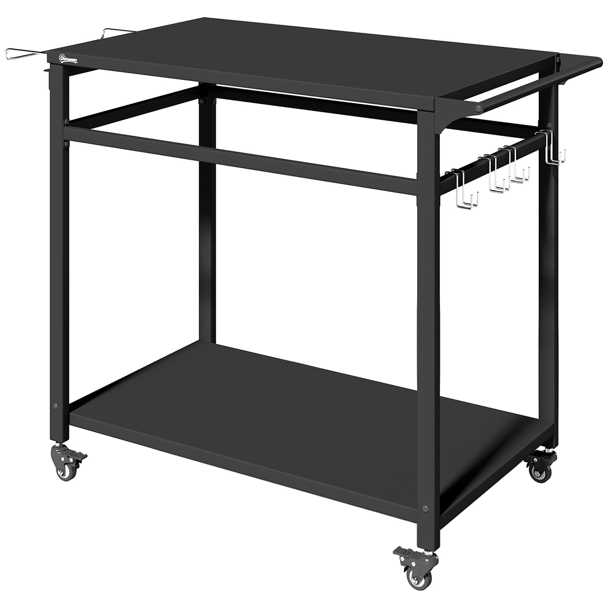 Outdoor BBQ Cart with 2 Metal Shelves, Outdoor Kitchen Table with Wheels, Handle, Trash Bag Holder & Hooks, 113 x 50.5 x 88 cm (44.5 x 19.9 x 34.6 in), Black