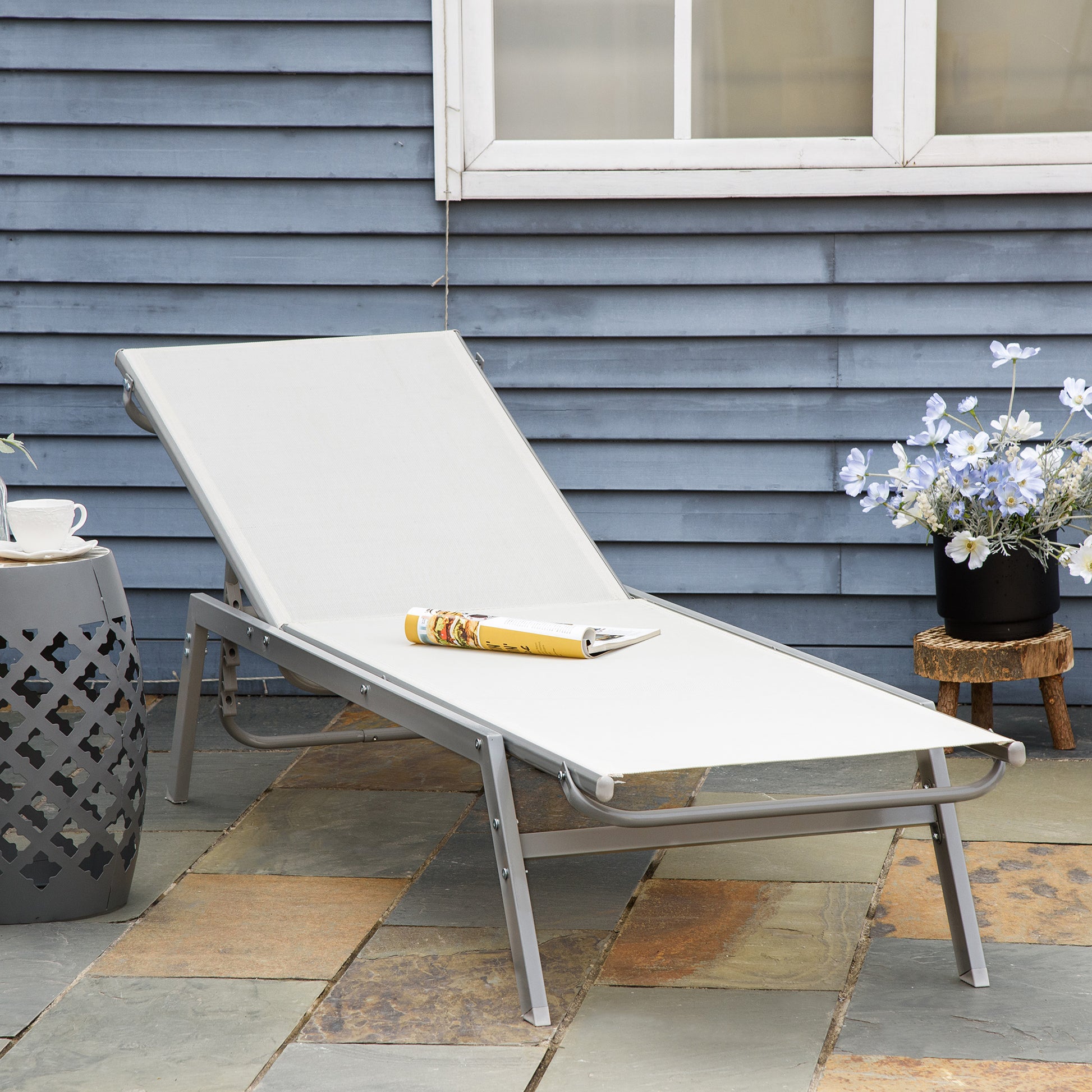 Garden Sun Lounger Recliner with 5-Position Backrest in Metal Cream White 170 x 58 x 97 cm