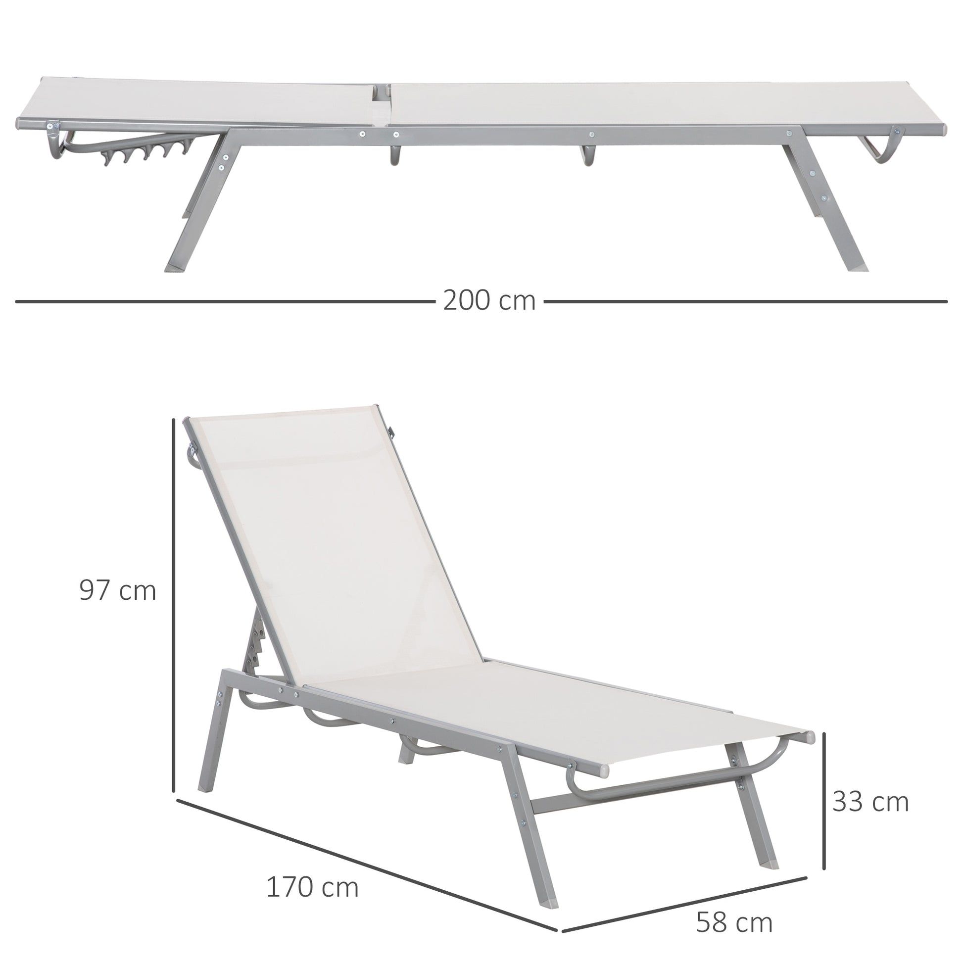Garden Sun Lounger Recliner with 5-Position Backrest in Metal Cream White 170 x 58 x 97 cm