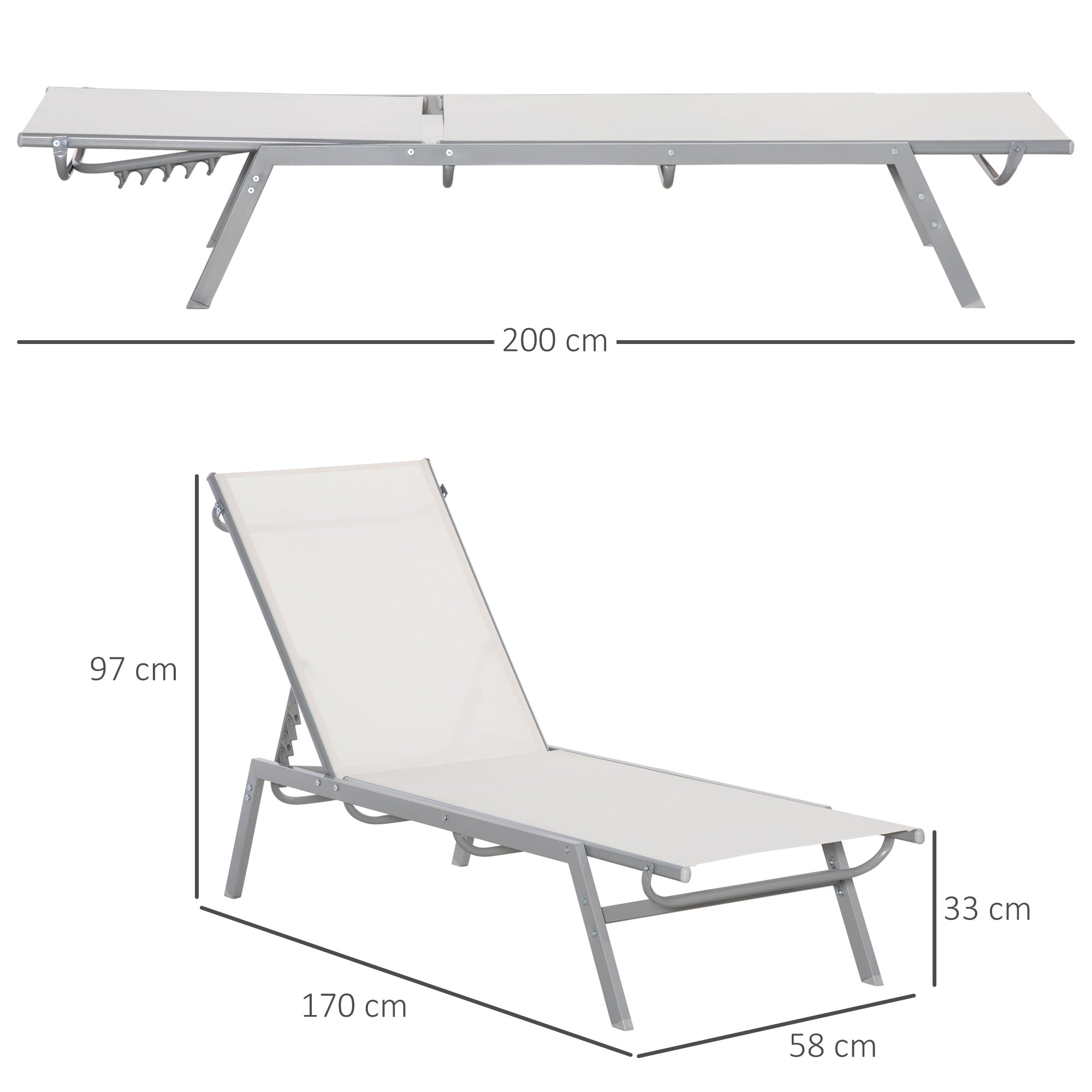 Garden Sun Lounger Recliner with 5-Position Backrest in Metal Cream White 170 x 58 x 97 cm