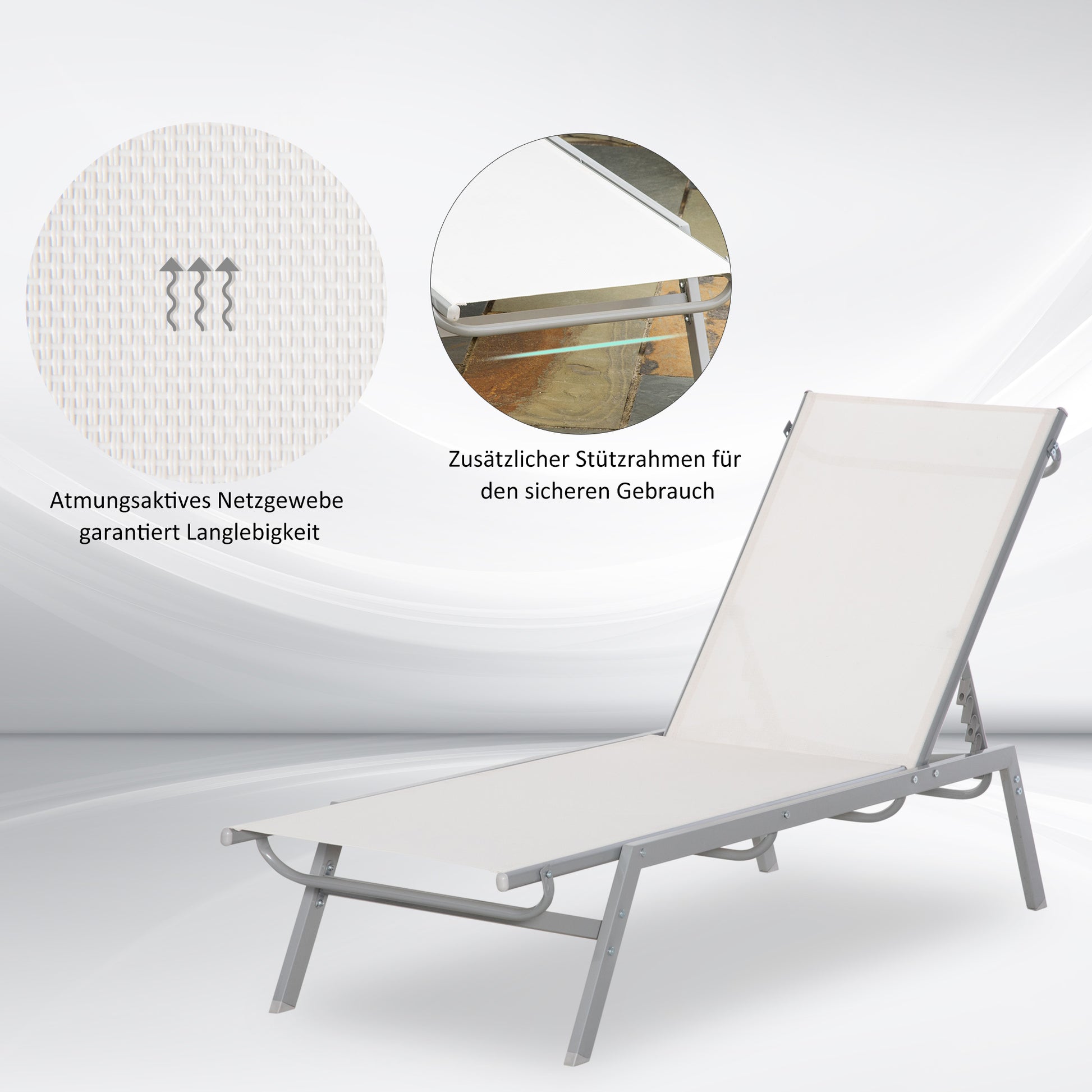 Garden Sun Lounger Recliner with 5-Position Backrest in Metal Cream White 170 x 58 x 97 cm