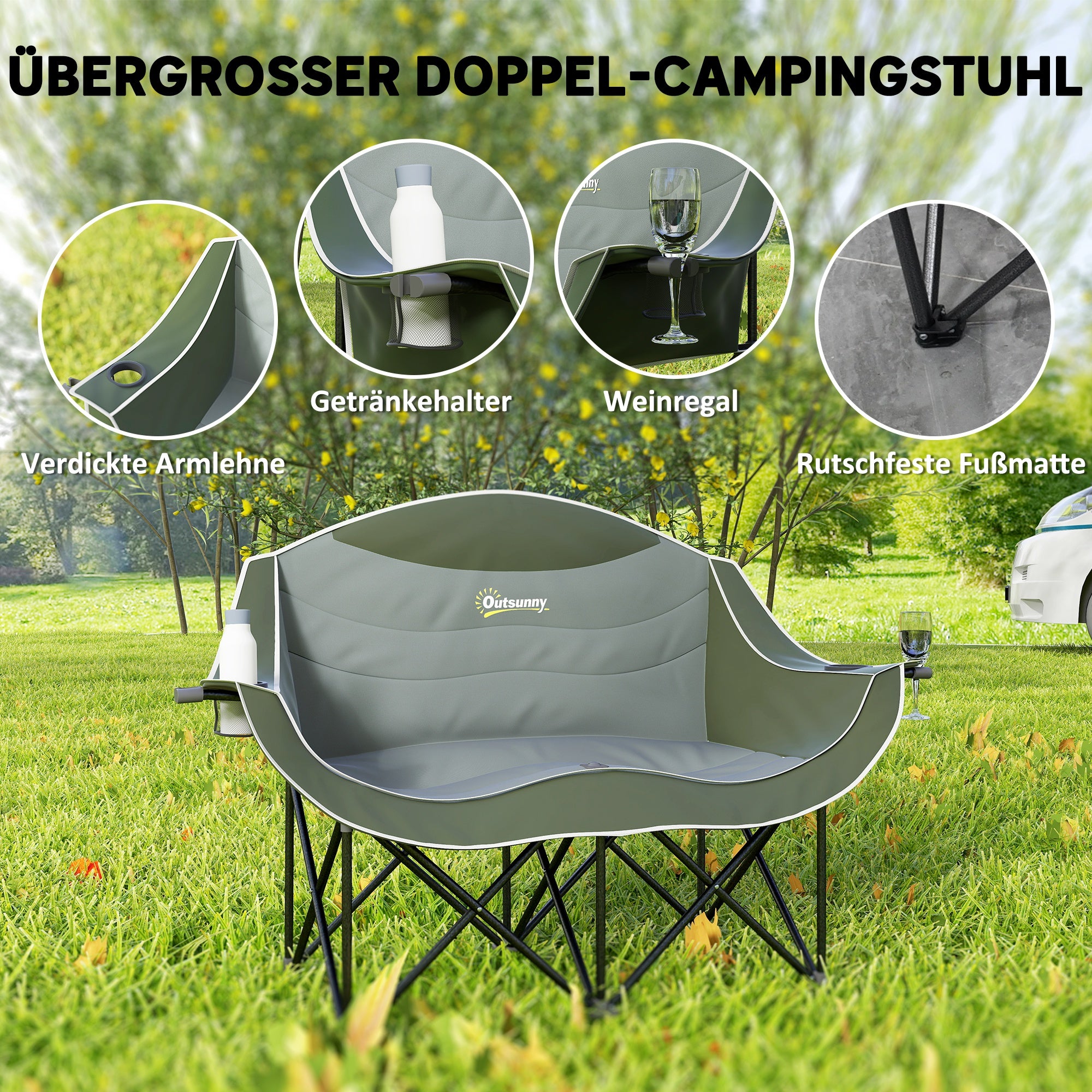 2-Person Folding Camping Chair with Cup Holders and Carry Bag — Padded Double Seat, Lightweight, Heavy-Duty up to 250 kg