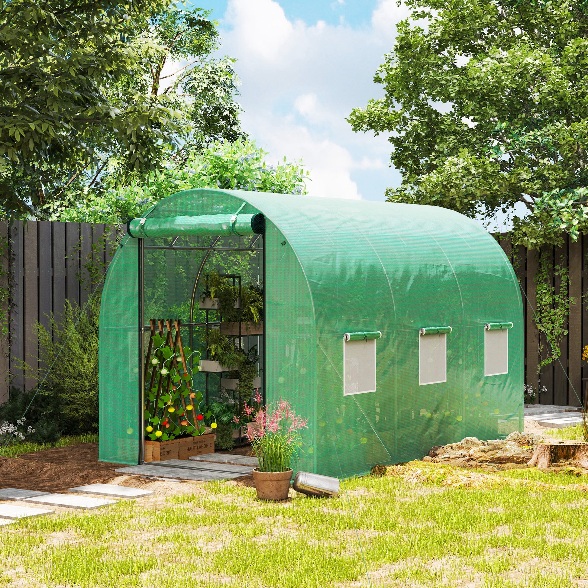 Greenhouse 200x300x200cm Polyethylene Greenhouse Tomato House with Door, 6 Windows, Galvanized Steel Foil Tunnel, 170g/m² PE, Stable Plant Tunnel, Greenhouse Including Ground Anchors & Ropes, Green