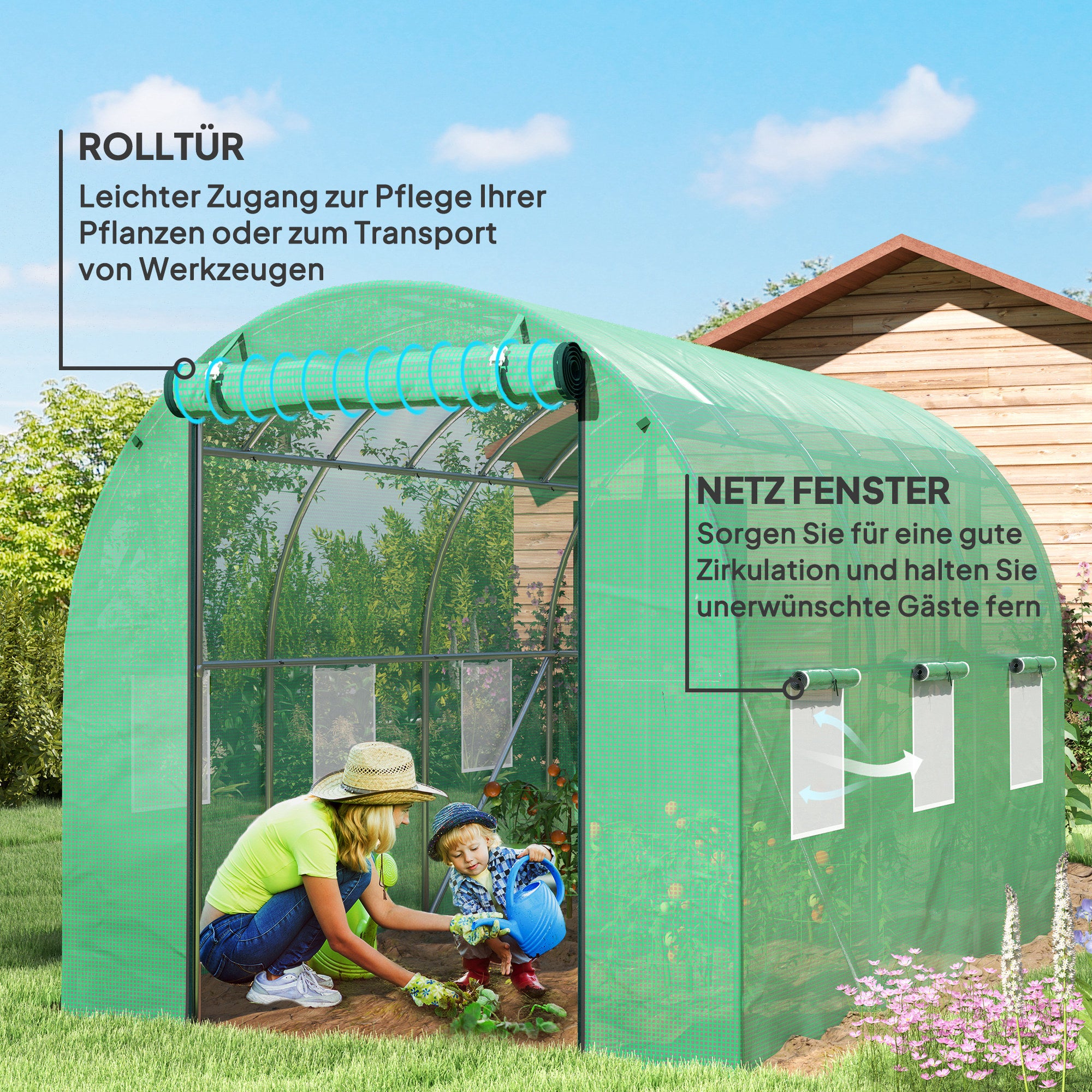Greenhouse 200x300x200cm Polyethylene Greenhouse Tomato House with Door, 6 Windows, Galvanized Steel Foil Tunnel, 170g/m² PE, Stable Plant Tunnel, Greenhouse Including Ground Anchors & Ropes, Green