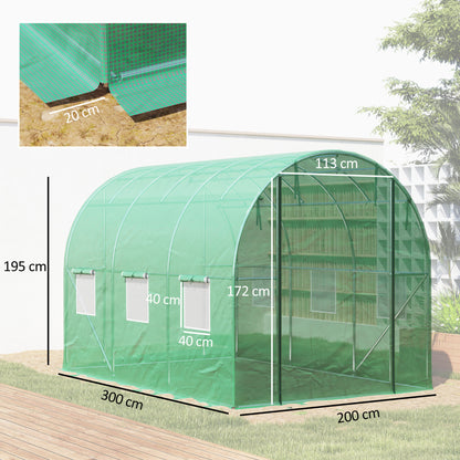 Greenhouse 200x300x200cm Polyethylene Greenhouse Tomato House with Door, 6 Windows, Galvanized Steel Foil Tunnel, 170g/m² PE, Stable Plant Tunnel, Greenhouse Including Ground Anchors & Ropes, Green