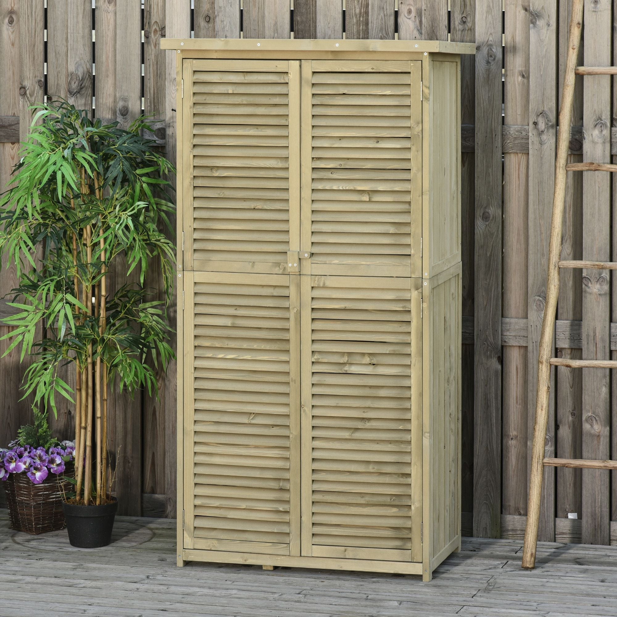Garden Cabinet Wood Tool Shed Equipment House with Asphalt Roof Slatted Door Tool Cabinet Shed Garden 4 Compartments Gray 87 x 46.5 x 160 cm