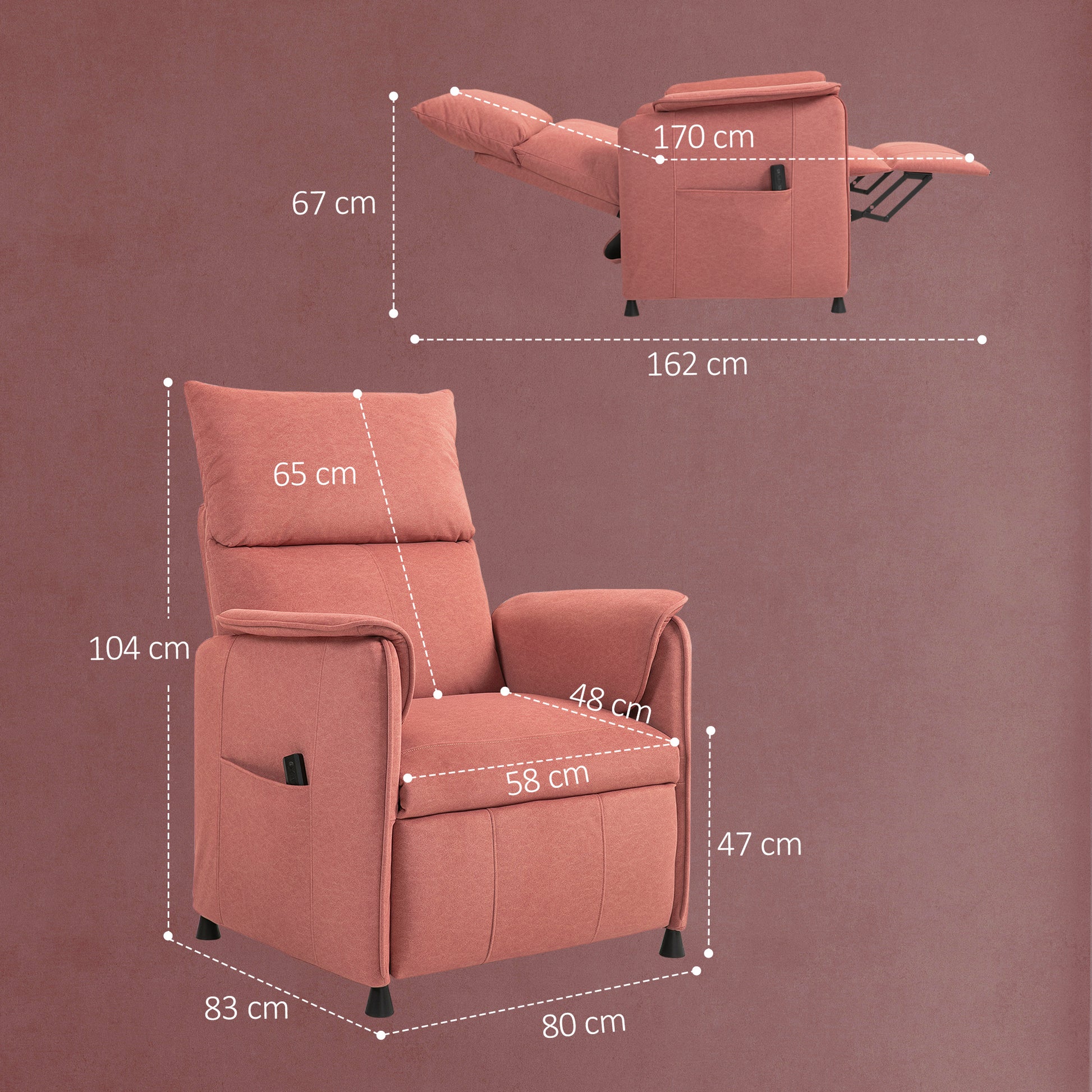Electric Reclining Relax Armchair with Memory Function Remote Control Side Pockets Pet-Friendly Fabric for Bedroom Living Room Orange