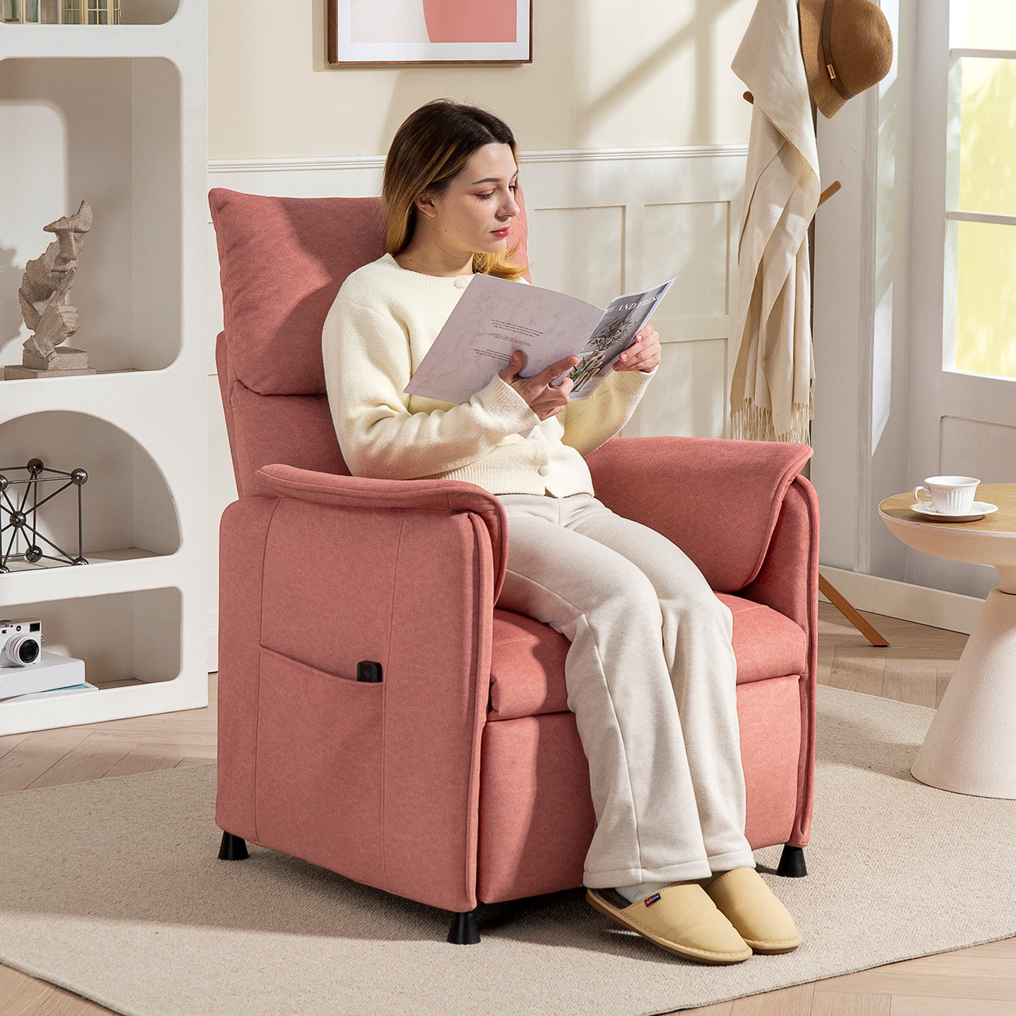 Electric Reclining Relax Armchair with Memory Function Remote Control Side Pockets Pet-Friendly Fabric for Bedroom Living Room Orange