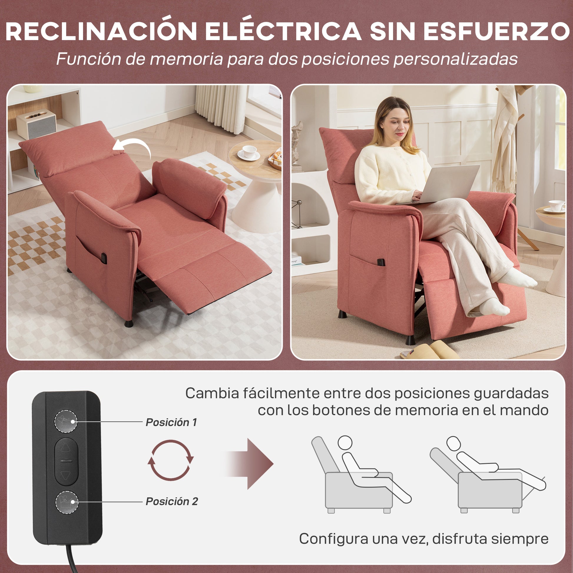 Electric Reclining Relax Armchair with Memory Function Remote Control Side Pockets Pet-Friendly Fabric for Bedroom Living Room Orange