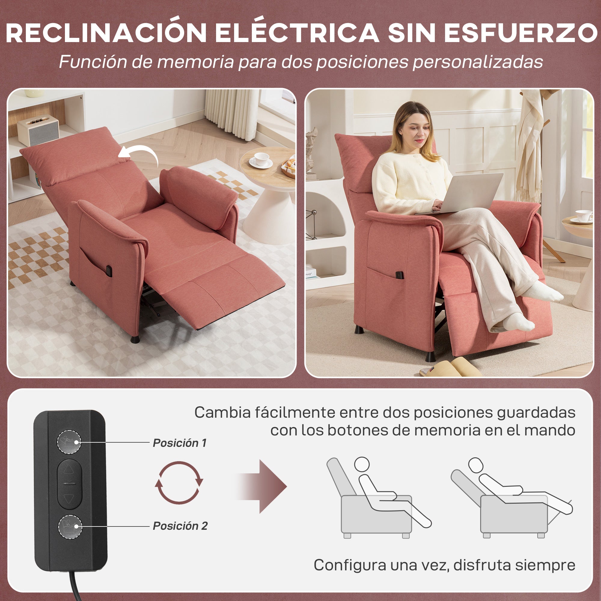 Electric Reclining Relax Armchair with Memory Function Remote Control Side Pockets Pet-Friendly Fabric for Bedroom Living Room Orange