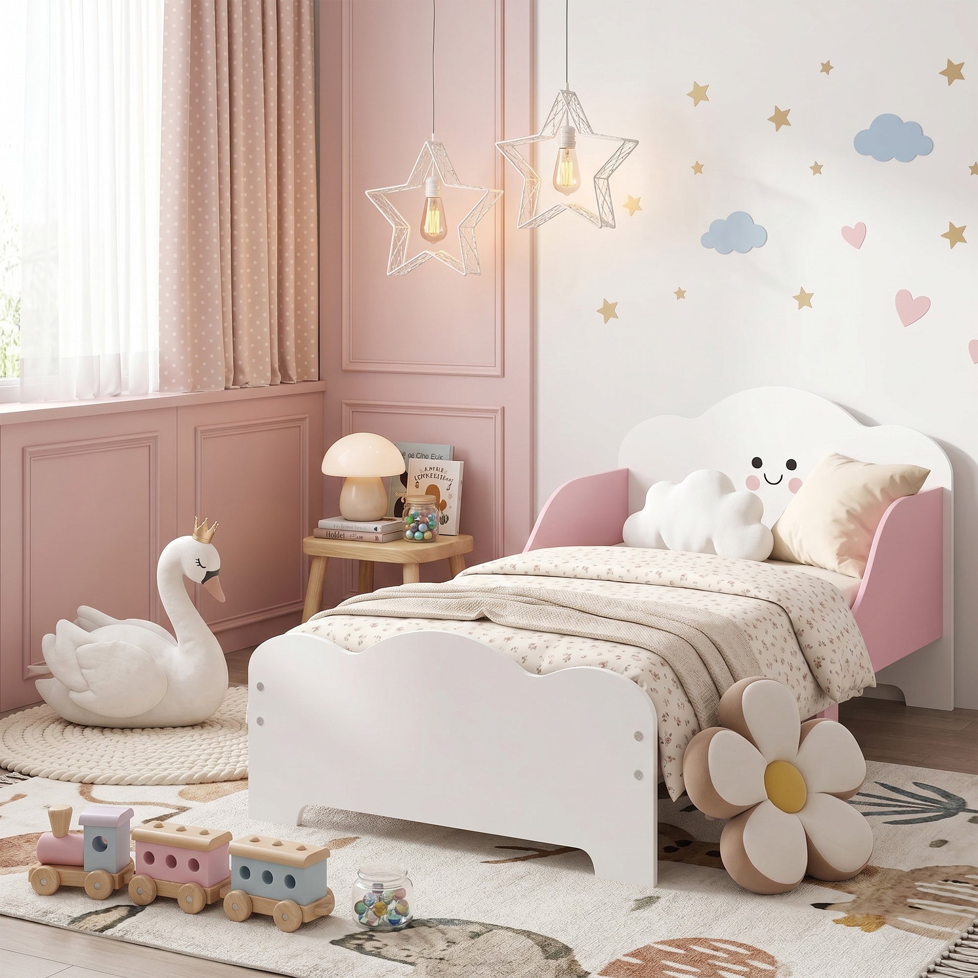 Toddler Bed 55 x 27.6 in (140×70 cm) with Guardrails & Slatted Base, Pink – Mattress Not Included