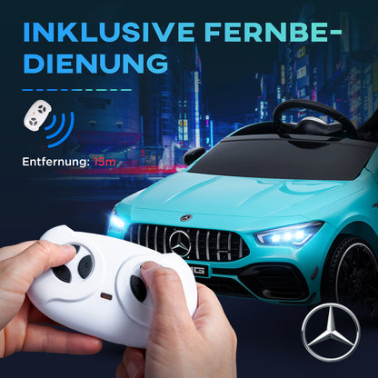 Kids Electric Car Mercedes-Benz AMG CLA 45, 12V Kids Car with 2.4GHz Remote Control, Music, Electric Vehicle with Light, USB/MP3 Connection, Kids Vehicle with Horn, for 3-6 Years, Light Blue