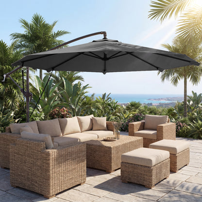 Offset Umbrella, Ø2.95 m (9.7 ft), Garden Parasol with Cross Base, Crank, Protective Cover and Wind Ropes, UPF30+, for Patio, Dark Gray