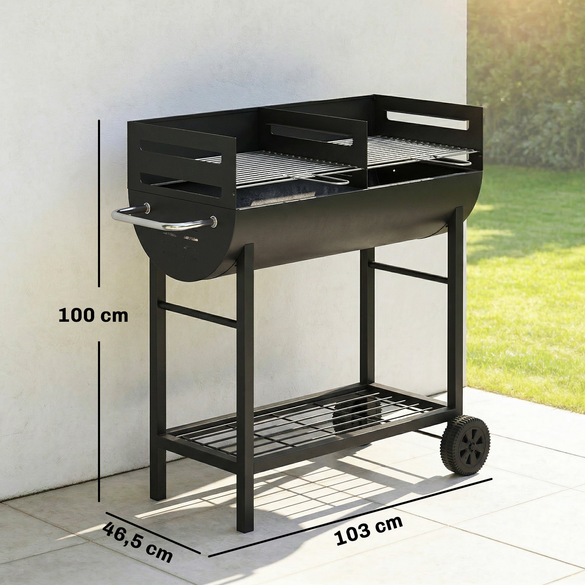 Charcoal Grill Cart with 2 Cooking Zones, Height-Adjustable Grates, Wood Shelf & Wheels – Portable Charcoal Grill for Patio, Picnic, Party (103 x 46.5 x 100 cm / 40.6" x 18.3" x 39.4") Black