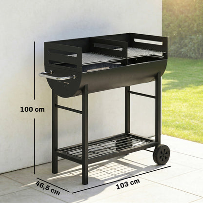 Charcoal Grill Cart with 2 Cooking Zones, Height-Adjustable Grates, Wood Shelf & Wheels – Portable Charcoal Grill for Patio, Picnic, Party (103 x 46.5 x 100 cm / 40.6" x 18.3" x 39.4") Black