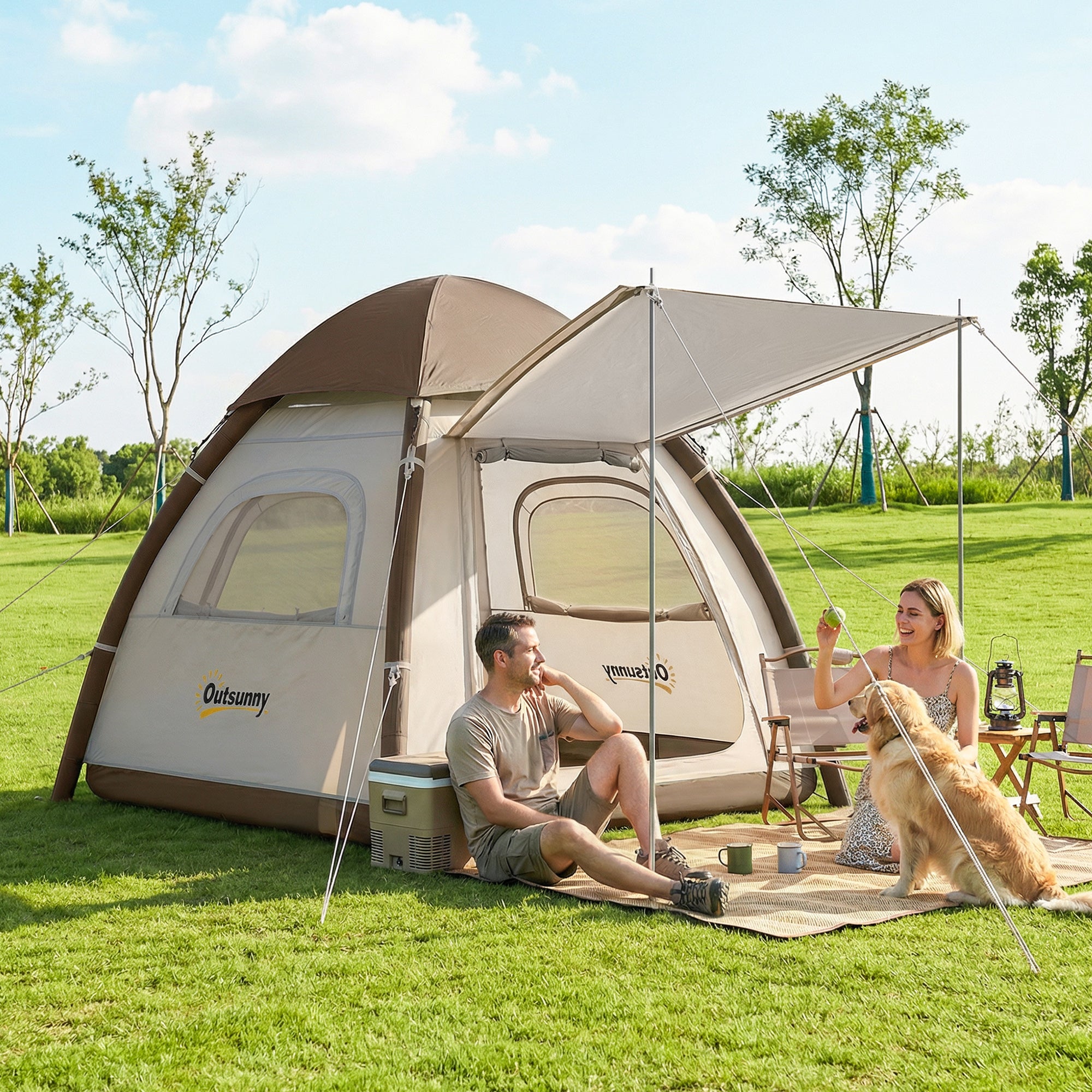 Inflatable 3-Person Air Tent with 2-Min Setup, High Ceilings, Removable Rainfly, Mesh Roof & Awning — 3000 mm Waterproof Glamping Tent