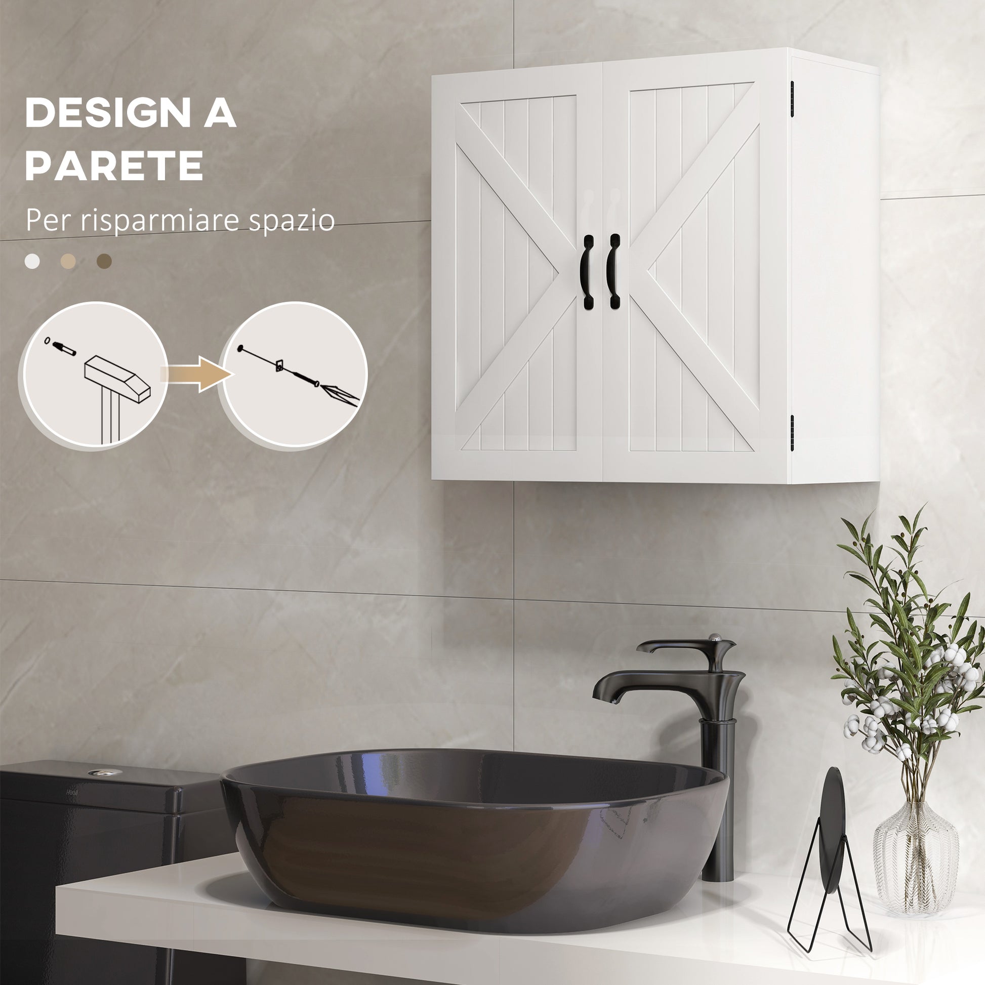 Wooden Bathroom Wall Cabinet, Space-Saving Country Style with Adjustable Shelf, 60x30x60cm, White