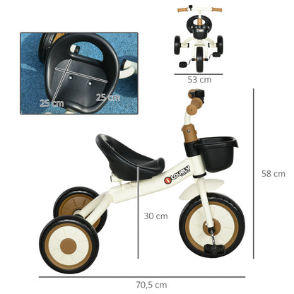 Tricycle, Kids Bike with Adjustable Seat, Training Bike with Basket, Bell, Pedal Bike for Children 2-5 Years, Metal, White