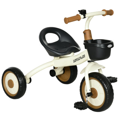 Tricycle, Kids Bike with Adjustable Seat, Training Bike with Basket, Bell, Pedal Bike for Children 2-5 Years, Metal, White