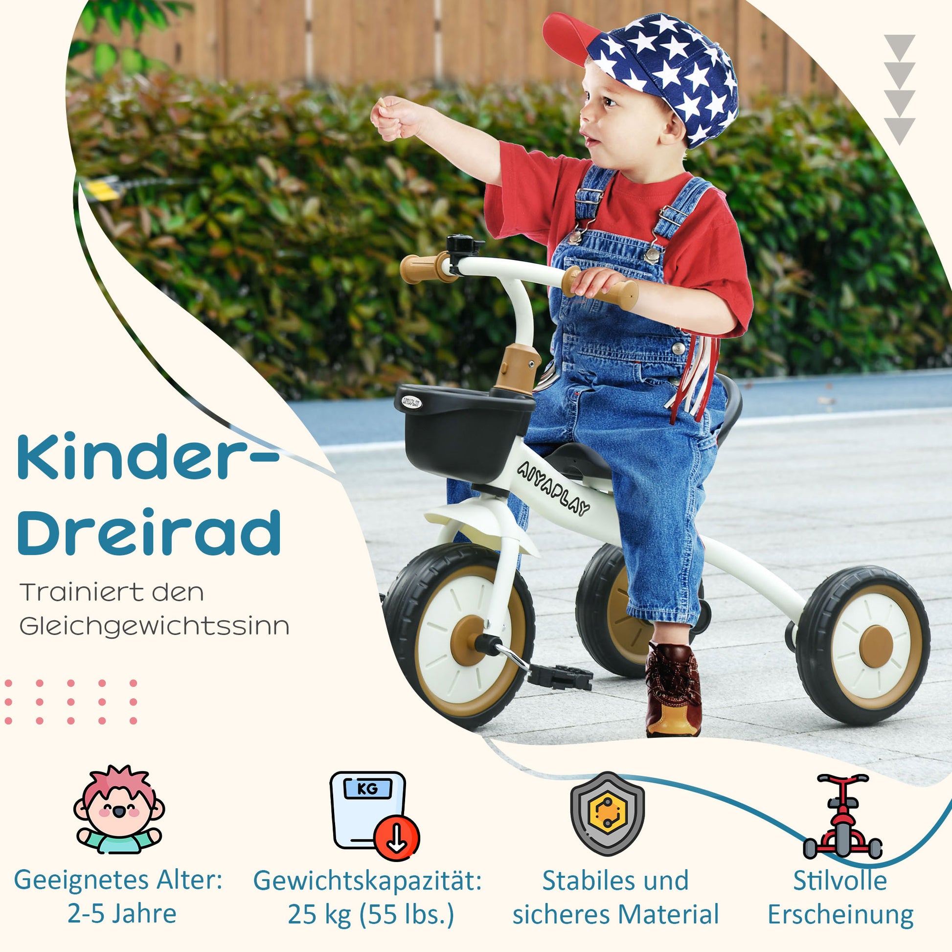Tricycle, Kids Bike with Adjustable Seat, Training Bike with Basket, Bell, Pedal Bike for Children 2-5 Years, Metal, White