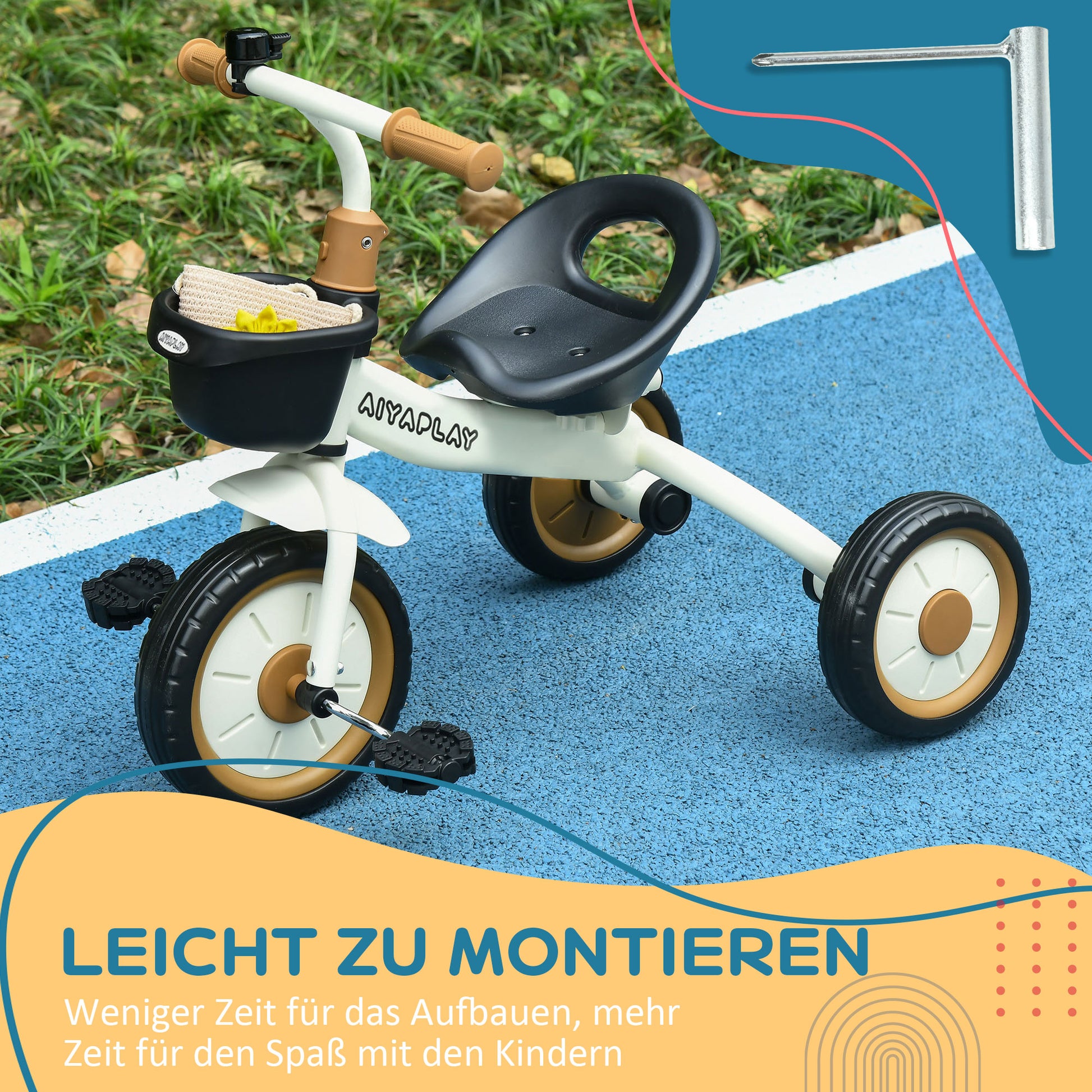 Tricycle, Kids Bike with Adjustable Seat, Training Bike with Basket, Bell, Pedal Bike for Children 2-5 Years, Metal, White