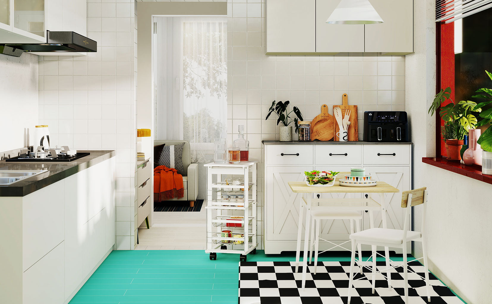 Modern kitchen with white cabinets, black and white checkered floor, and a small dining area.