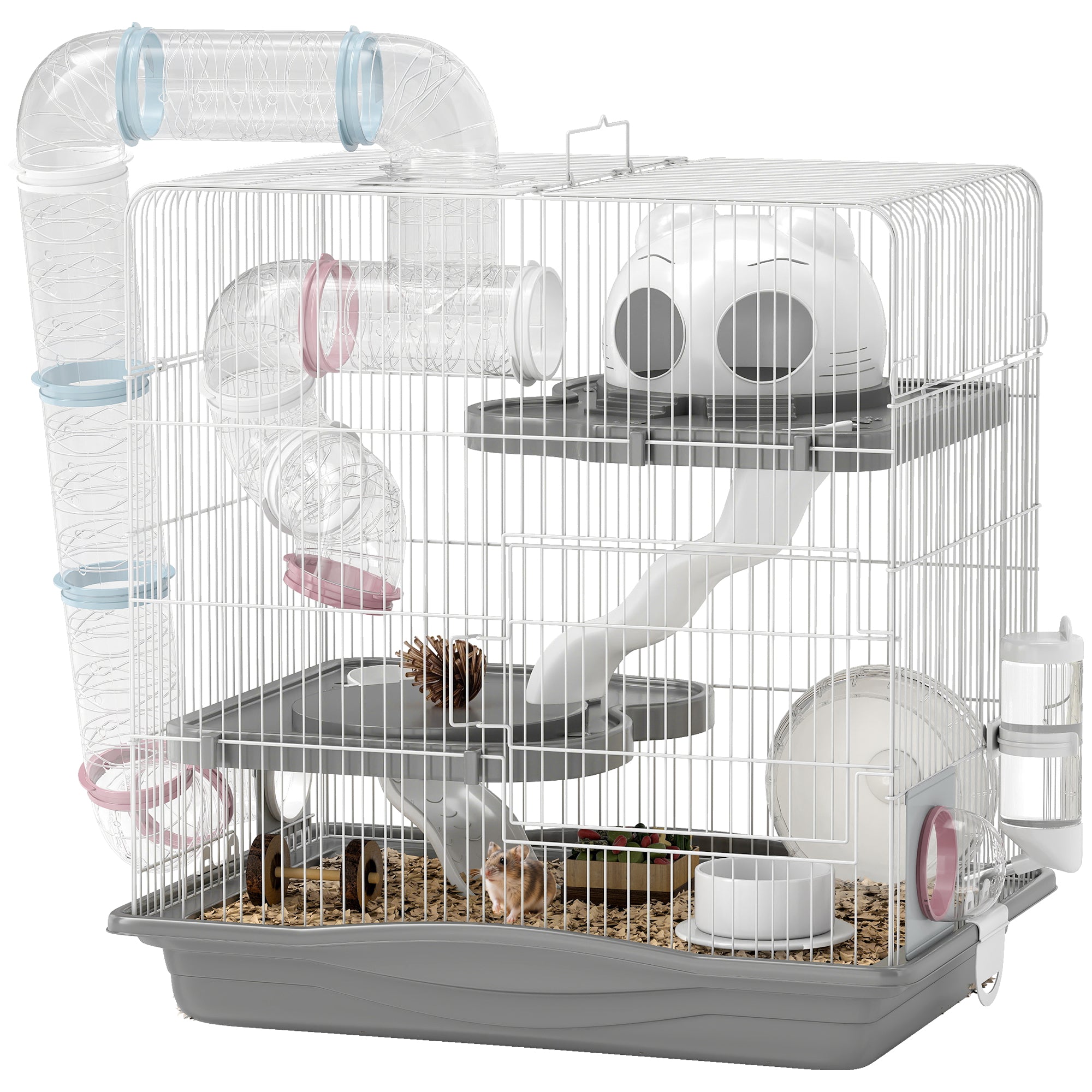 3-Level Hamster Cage with 14 Tubes, House, Ramp, Bowls, Water Bottle & Drip Tray — Metal & Plastic, 45 x 30 x 45 cm (17.7 x 11.8 x 17.7 in), Grey