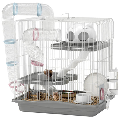 3-Level Hamster Cage with 14 Tubes, House, Ramp, Bowls, Water Bottle & Drip Tray — Metal & Plastic, 45 x 30 x 45 cm (17.7 x 11.8 x 17.7 in), Grey