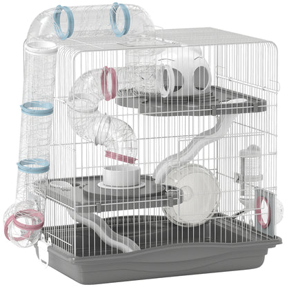 3-Level Hamster Cage with 14 Tubes, House, Ramp, Bowls, Water Bottle & Drip Tray — Metal & Plastic, 45 x 30 x 45 cm (17.7 x 11.8 x 17.7 in), Grey