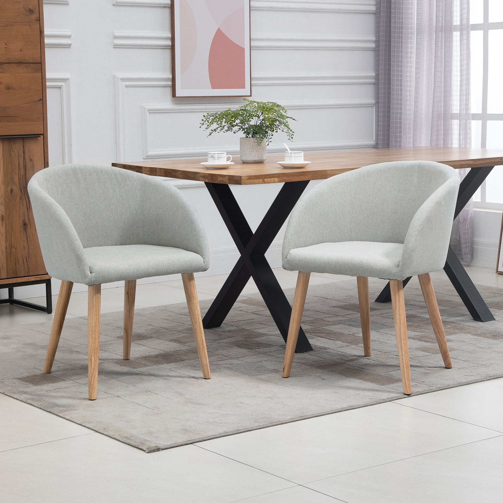 Set of 2 dining chairs Scandinavian design kitchen chair - Tapered Wood Rubber Legs - Ergonomic Linen Look Gray Seat Back Armrests