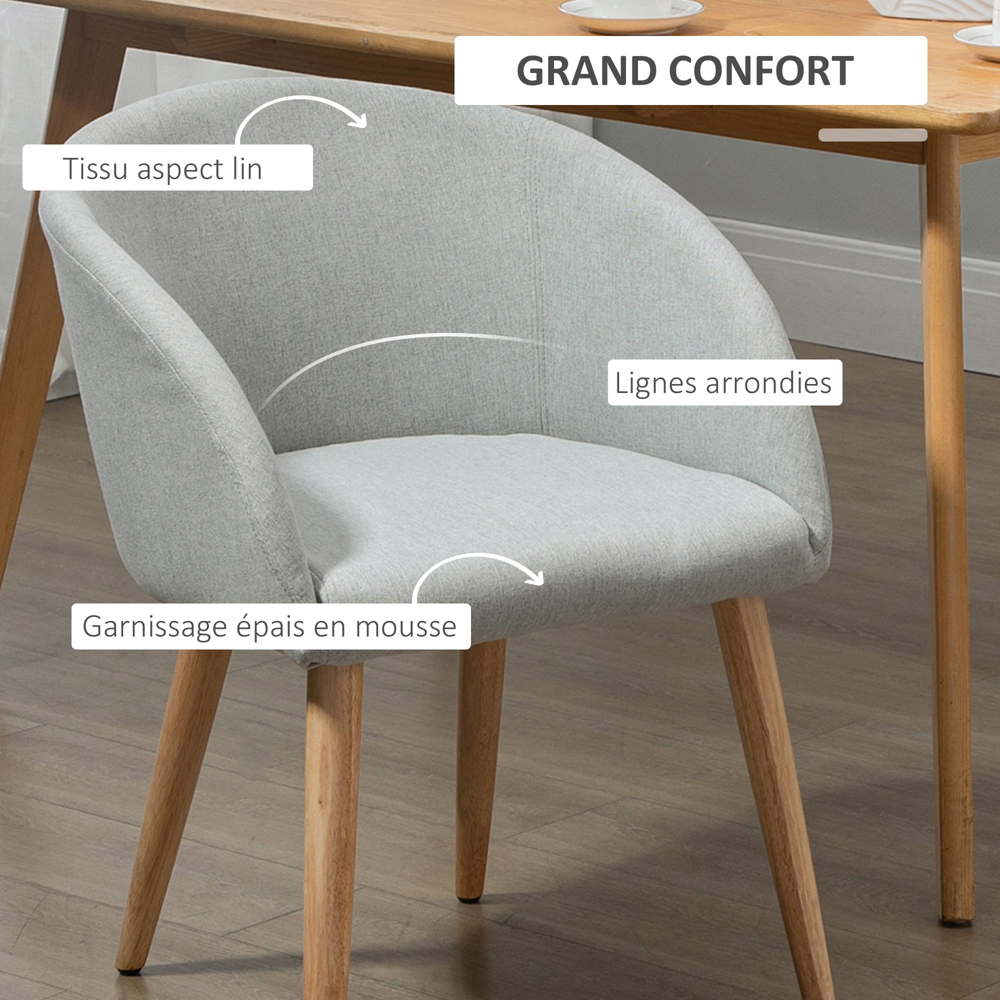 Set of 2 dining chairs Scandinavian design kitchen chair - Tapered Wood Rubber Legs - Ergonomic Linen Look Gray Seat Back Armrests