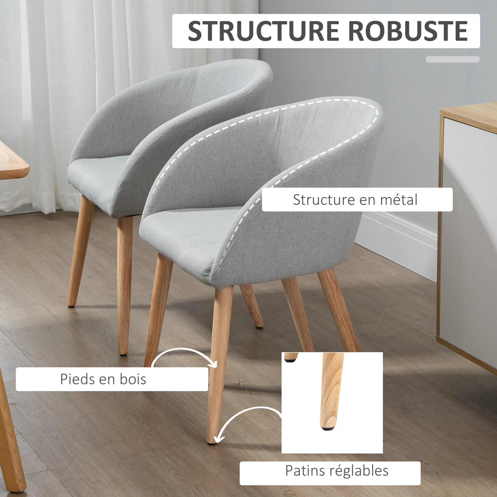 Set of 2 dining chairs Scandinavian design kitchen chair - Tapered Wood Rubber Legs - Ergonomic Linen Look Gray Seat Back Armrests