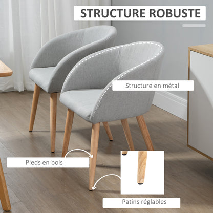 Set of 2 dining chairs Scandinavian design kitchen chair - Tapered Wood Rubber Legs - Ergonomic Linen Look Gray Seat Back Armrests
