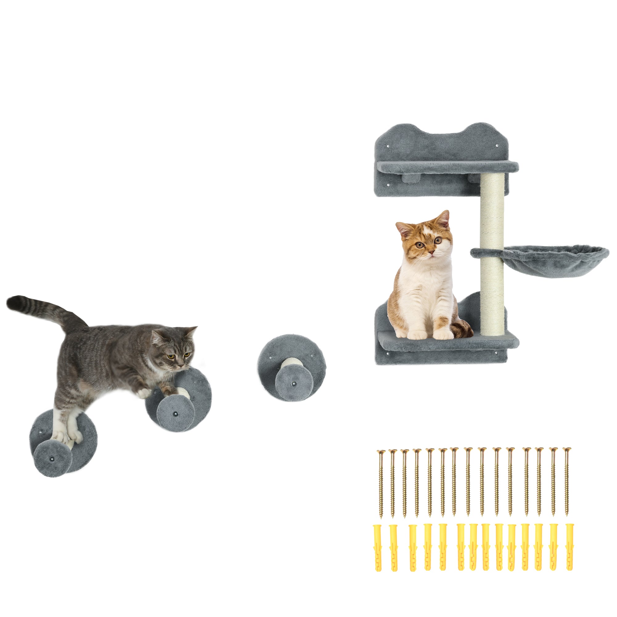 Cat Climbing Wall, 4 pieces, Cat climbing wall, including 1 x Jump Tower, 3 x Scratching Posts, Climbing wall set, Scratch tree with hammock, wall bed for cats, cat stairs, sisal, Gray+Beige