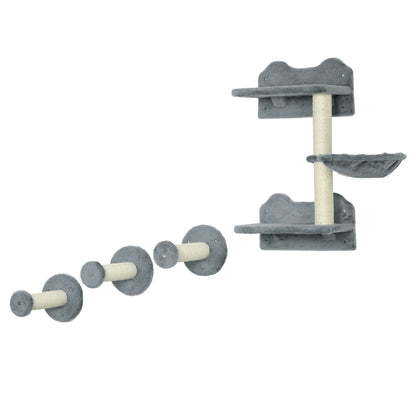 Cat Climbing Wall, 4 pieces, Cat climbing wall, including 1 x Jump Tower, 3 x Scratching Posts, Climbing wall set, Scratch tree with hammock, wall bed for cats, cat stairs, sisal, Gray+Beige