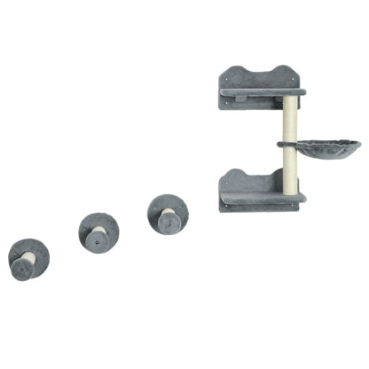 Cat Climbing Wall, 4 pieces, Cat climbing wall, including 1 x Jump Tower, 3 x Scratching Posts, Climbing wall set, Scratch tree with hammock, wall bed for cats, cat stairs, sisal, Gray+Beige