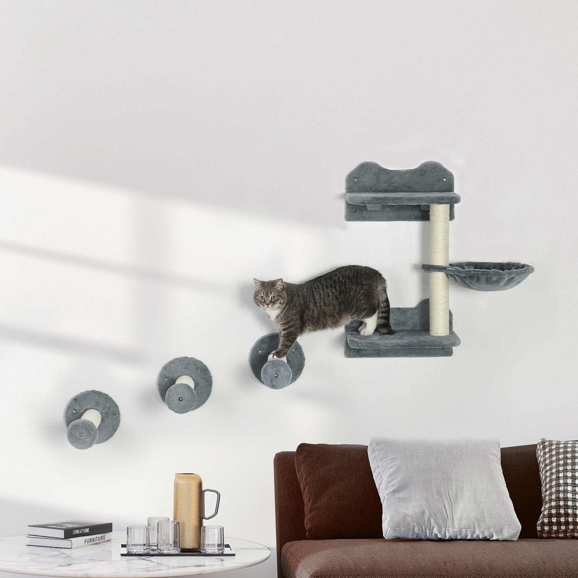 Cat Climbing Wall, 4 pieces, Cat climbing wall, including 1 x Jump Tower, 3 x Scratching Posts, Climbing wall set, Scratch tree with hammock, wall bed for cats, cat stairs, sisal, Gray+Beige