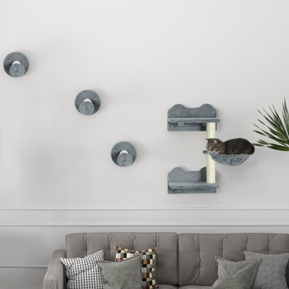 Cat Climbing Wall, 4 pieces, Cat climbing wall, including 1 x Jump Tower, 3 x Scratching Posts, Climbing wall set, Scratch tree with hammock, wall bed for cats, cat stairs, sisal, Gray+Beige