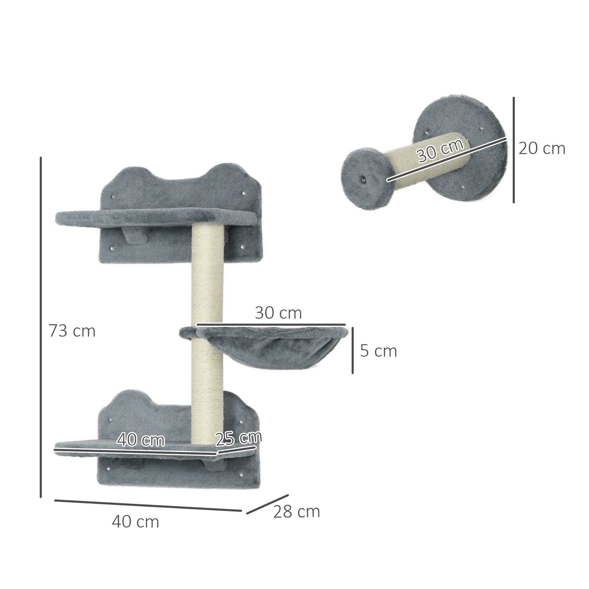 Cat Climbing Wall, 4 pieces, Cat climbing wall, including 1 x Jump Tower, 3 x Scratching Posts, Climbing wall set, Scratch tree with hammock, wall bed for cats, cat stairs, sisal, Gray+Beige