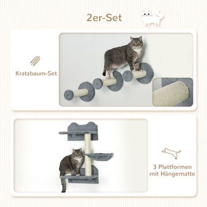 Cat Climbing Wall, 4 pieces, Cat climbing wall, including 1 x Jump Tower, 3 x Scratching Posts, Climbing wall set, Scratch tree with hammock, wall bed for cats, cat stairs, sisal, Gray+Beige