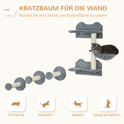 Cat Climbing Wall, 4 pieces, Cat climbing wall, including 1 x Jump Tower, 3 x Scratching Posts, Climbing wall set, Scratch tree with hammock, wall bed for cats, cat stairs, sisal, Gray+Beige