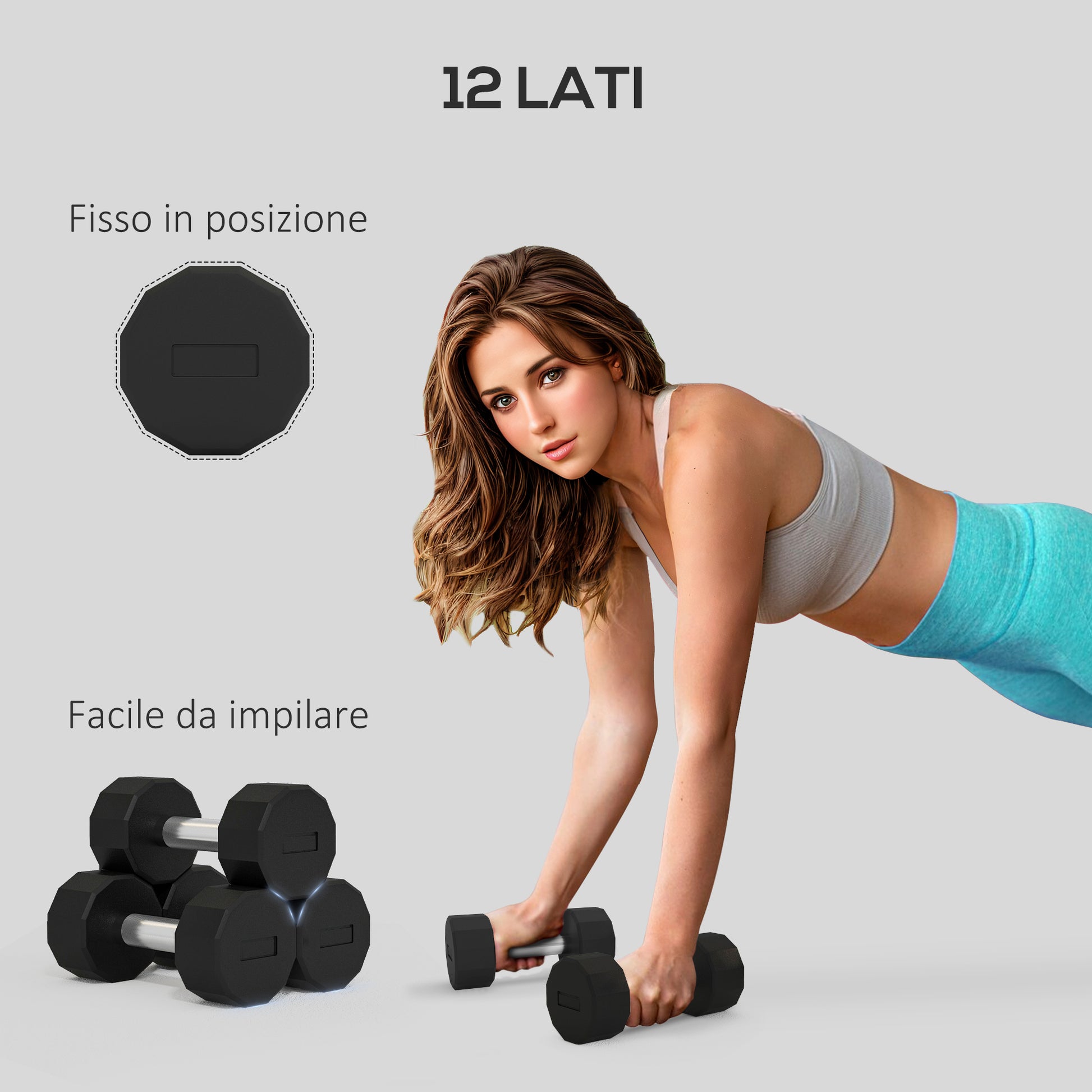 SPORTNOW Set of 2 12-Sided Dumbbells 2x12 kg in Metal and Rubber, Gym Dumbbell Set with Non-Slip Grip, 26x14x14 cm, Black