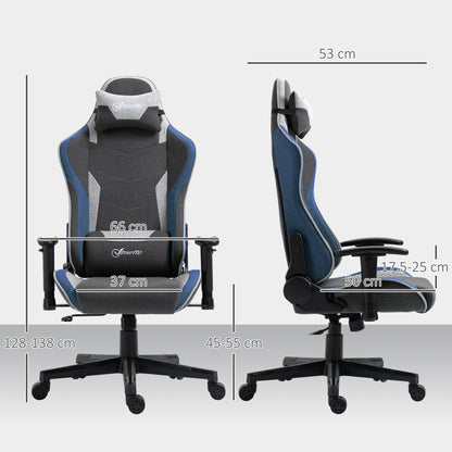 Ergonomic Gaming Chair with Armrests, Headrest, Adjustable Height, Reclining Office Gaming Armchair in Linen Fabric with Rocking Function, Lumbar Support, Blue