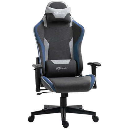 Ergonomic Gaming Chair with Armrests, Headrest, Adjustable Height, Reclining Office Gaming Armchair in Linen Fabric with Rocking Function, Lumbar Support, Blue