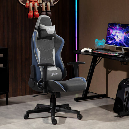 Ergonomic Gaming Chair with Armrests, Headrest, Adjustable Height, Reclining Office Gaming Armchair in Linen Fabric with Rocking Function, Lumbar Support, Blue