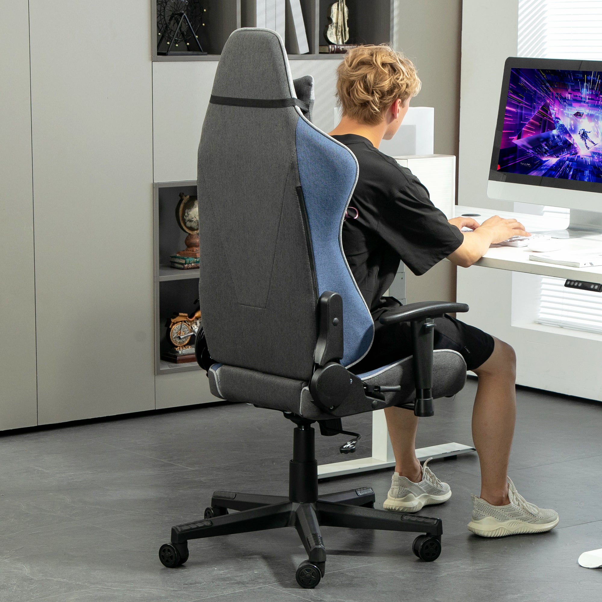 Ergonomic Gaming Chair with Armrests, Headrest, Adjustable Height, Reclining Office Gaming Armchair in Linen Fabric with Rocking Function, Lumbar Support, Blue