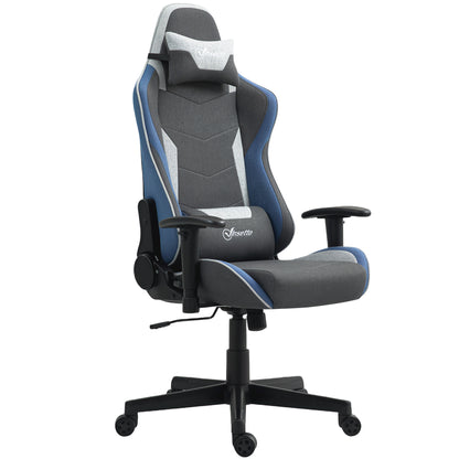 Ergonomic Gaming Chair with Armrests, Headrest, Adjustable Height, Reclining Office Gaming Armchair in Linen Fabric with Rocking Function, Lumbar Support, Blue